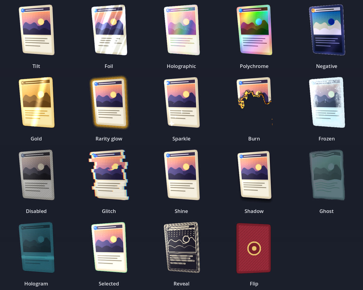 All 19 Card FX shaders on demo cards in a grid: tilt, foil, holographic, polychrome, negative, gold, rarity glow, sparkle, burn, frozen, disabled, glitch, shine, shadow, ghost, hologram, selected, reveal and flip.